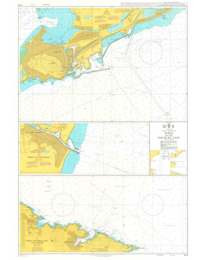 2114 - International Chart Series, France - South Coast, Ports in the Golfe du Lion - Plan A) Sète - Plan B) Port-la-Nouvelle - Plan C) Port-Vendres and Collioure					